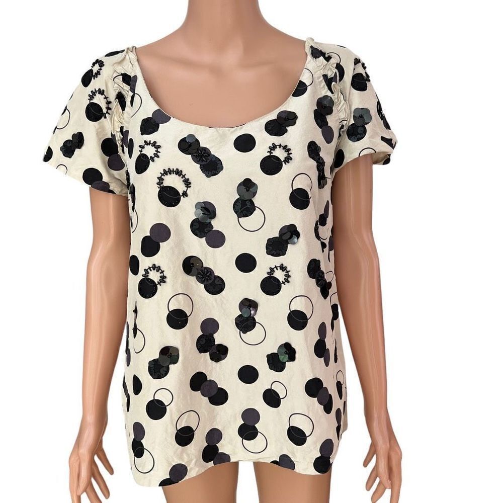 J.CREW Spotted Silk Vivie Blouse Sz 12 Womens Short Sleeve Sequin Beaded Top